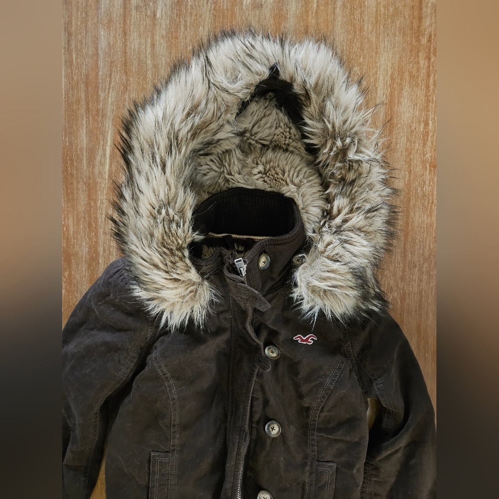 Y2K Vintage Hollister Womens Chocolate Brown Bomber Jacket with Faux Fur Hood XS - Picture 6 of 9